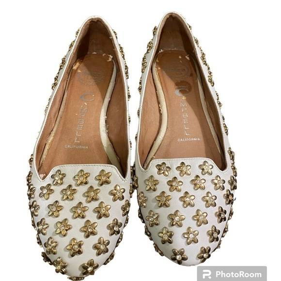 Jeffery Campbell Lbiza White Leather Slip On Daisy Gold & Stone Studded Flats - Picture 6 of 13